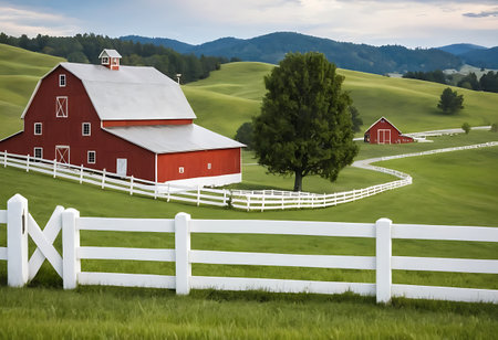 Red barn and white fence on a green meadow in the mountainsの写真素材