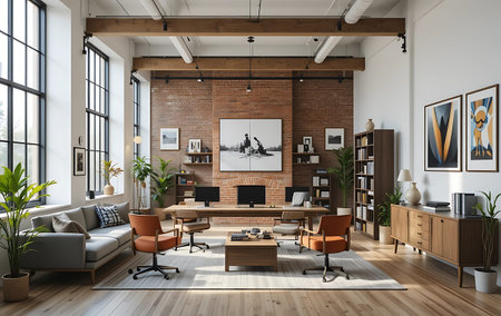 Interior of modern loft living room with brick walls, wooden floor, rows of computer tables and...