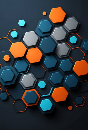 3d illustration of abstract geometric background with hexagons in blue and orange colorsの写真素材