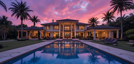 3d rendering of modern cozy house in colonial style with pool and parking for sale or rent. Clear summer night with shiny pink sky. With many palm trees on background.の写真素材