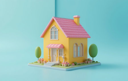 3d illustration of a small house on a green lawn and treesの写真素材