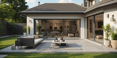 3d rendering of modern cozy house with garden and pool for sale or rentの写真素材