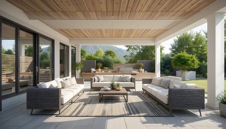 3d rendering of a modern living room interior design with a garden viewの写真素材