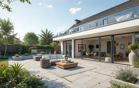 3d rendering of modern cozy house with pool and parking for sale or rentの写真素材