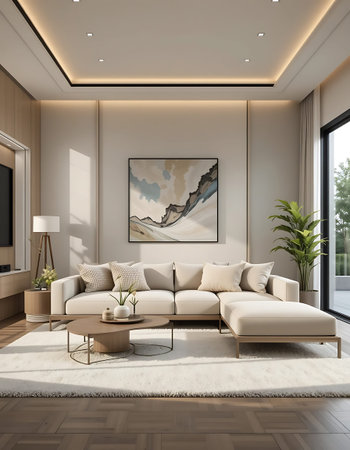Interior of modern living room with white sofa, 3d render