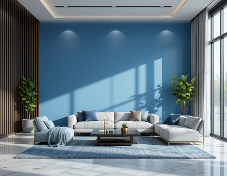 Interior of modern living room with blue walls, tiled floor, blue sofa and coffee table. 3d...
