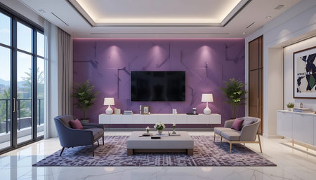 Interior of modern living room with purple wall. 3D rendering