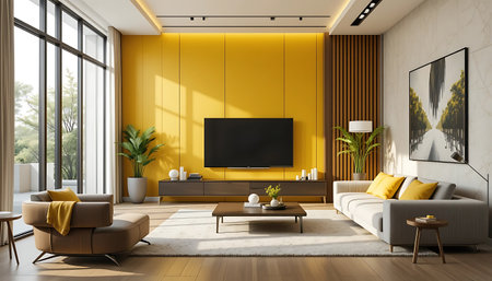 Interior of modern living room with yellow walls, wooden floor, comfortable brown sofa and TV on the wall. 3d renderingの写真素材