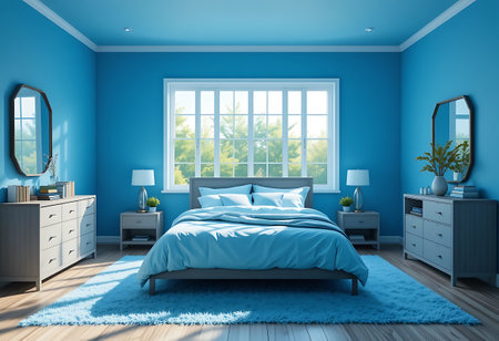 Blue bedroom interior with blue walls, wooden floor and large window. 3d renderingの写真素材