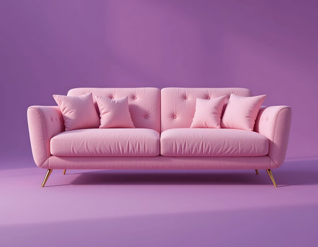 Pink sofa with pillows on purple background. 3d render.
