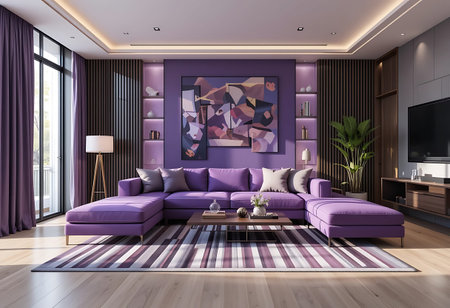 Modern living room interior design with purple sofa 3d rendering image.