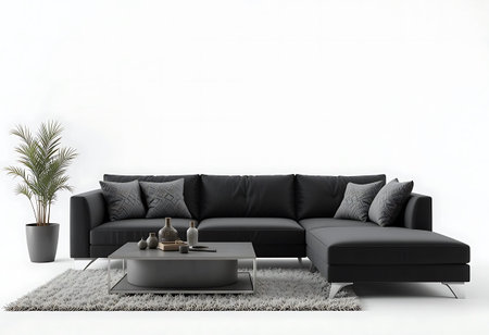 Modern interior of living room with black sofa, 3d render illustration