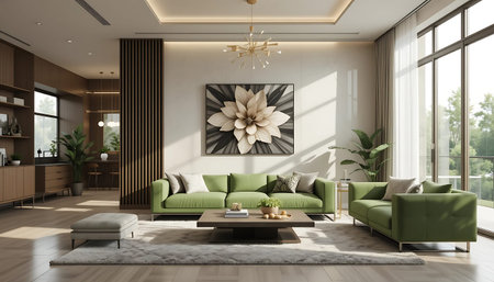 Modern living room interior design with green sofa and coffee table. 3d rendering