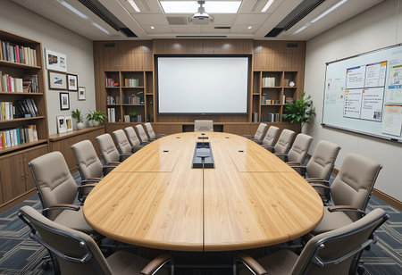 Interior of conference room with wooden table, chairs and whiteboard