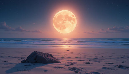 full moon over the sea and rocks on the beach. 3d renderの写真素材