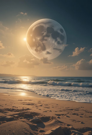 Beautiful sunset over the sea with moon in the sky. Vintage style.の写真素材