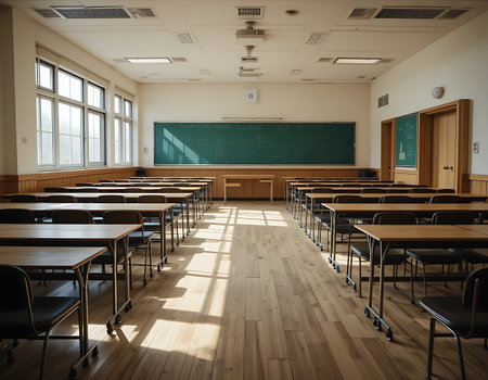 Interior of a classroom with empty desks and black chairs, perspective viewの写真素材