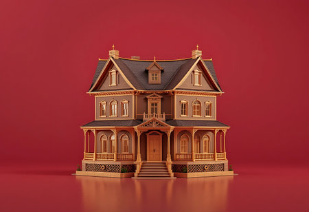 3d illustration of a beautiful wooden house on a red background.の写真素材