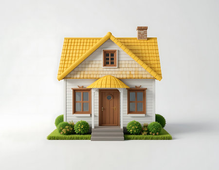 3d illustration of a small house with a roof and a doorの写真素材