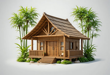 3D rendering of a wooden house in the jungle with palm treesの写真素材