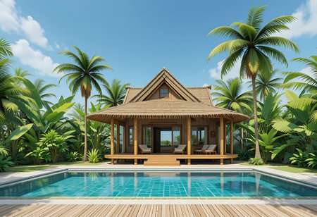 3D rendering of a tropical villa with swimming pool and palm treesの写真素材