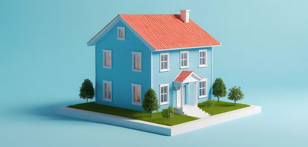 3D illustration of a small house isolated on a blue background.の写真素材
