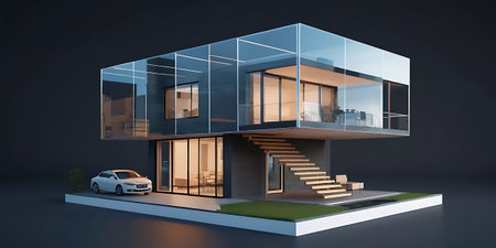 3d rendering of modern cozy house with garage and pool for sale or rent. Black and white colors.