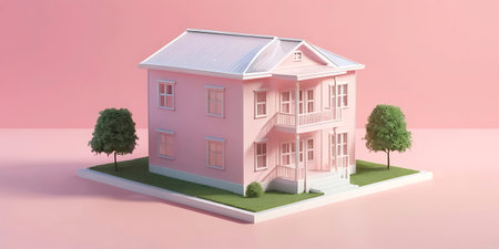 3d illustration of a pink house with a white roof and a blue roof