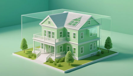 3d render of a house in isometric projection with green background