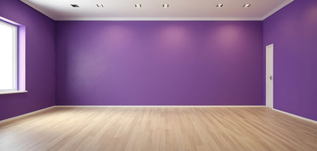 Empty room with purple wall and wooden floor. 3D rendering.の写真素材