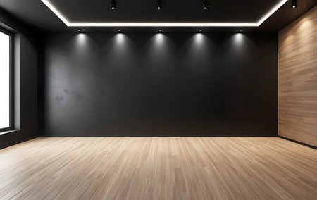 Empty room with black wall and wooden floor. Mock up, 3D Renderingの写真素材