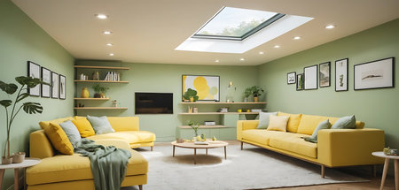 Interior of a modern living room with yellow sofa and green wallsの写真素材