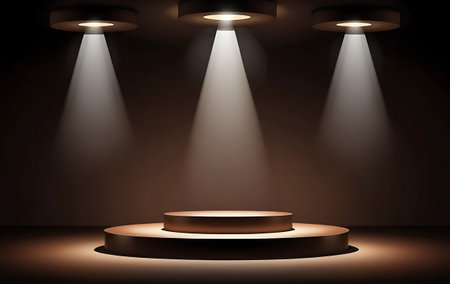 Stage podium illuminated with spotlight. Award ceremony concept. Stage backdrop. Vector illustrationの写真素材