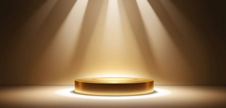 Round gold podium illuminated with spotlight. Scene for awards ceremony. Vector illustrationの写真素材