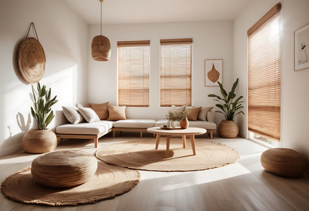 Interior of modern living room with brown sofa and wooden coffee tableの写真素材
