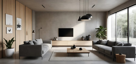 Interior of modern living room with wooden walls, concrete floor, gray sofa and tv set. 3d rendering