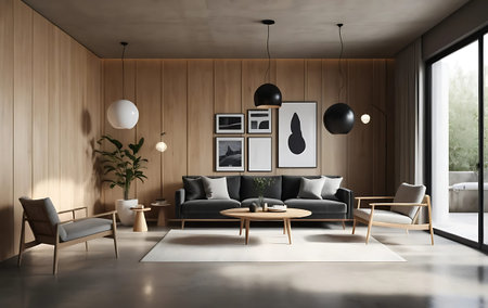 Interior of modern living room with wooden walls, concrete floor, comfortable gray sofa standing...