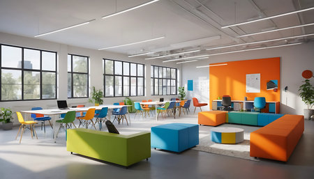 Interior of modern office with orange and blue walls, concrete floor, rows of computer tables and...