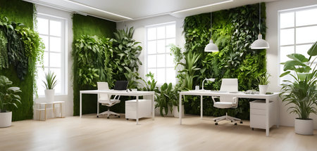 Modern office interior with green plants. 3d render illustration mock up