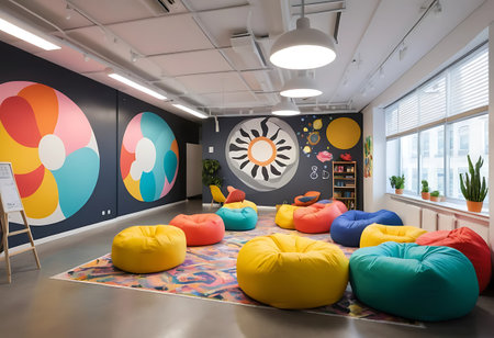 Interior of a modern office space with colorful sofas and chairsの写真素材
