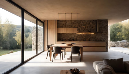 interior of modern house, living room, dining room and kitchen