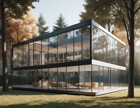 Exterior of modern office building with glass walls. 3d renderingの写真素材