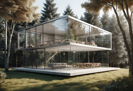 3d rendering of modern house with terrace and garden view.の写真素材