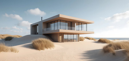 3d render of modern house on the sand dunes with sea viewの写真素材