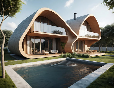 3d rendering of modern cozy house with pool and parking for sale or rent in luxurious style and beautiful landscaping on background.の写真素材