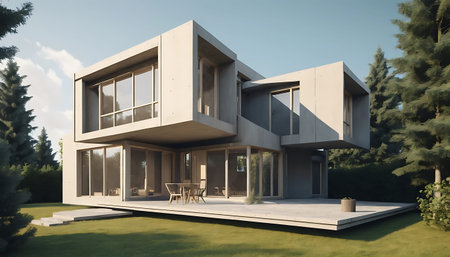3d rendering of modern cozy house with pool and parking for sale or rent in luxurious style and...