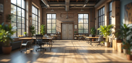 3D rendering of modern office interior design. Workplace in loft style.