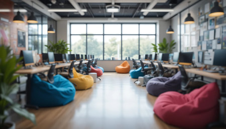 Interior of a modern coworking space with computers and coffee tables
