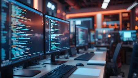Programmer working in a software developing company office with computers and programming languages.