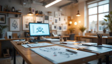 Blurred image of modern designer workplace with computer and sketches on tableの写真素材